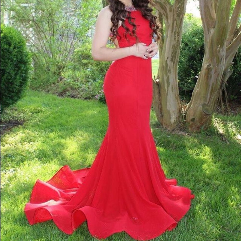 Open-back High Neck Beaded Red Prom Dress by BLUSH